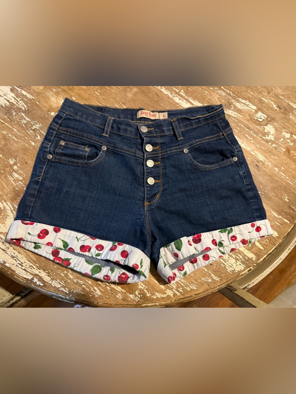 Judy Blue Dark Blue Denim Shorts with Cherry-Print Cuffs